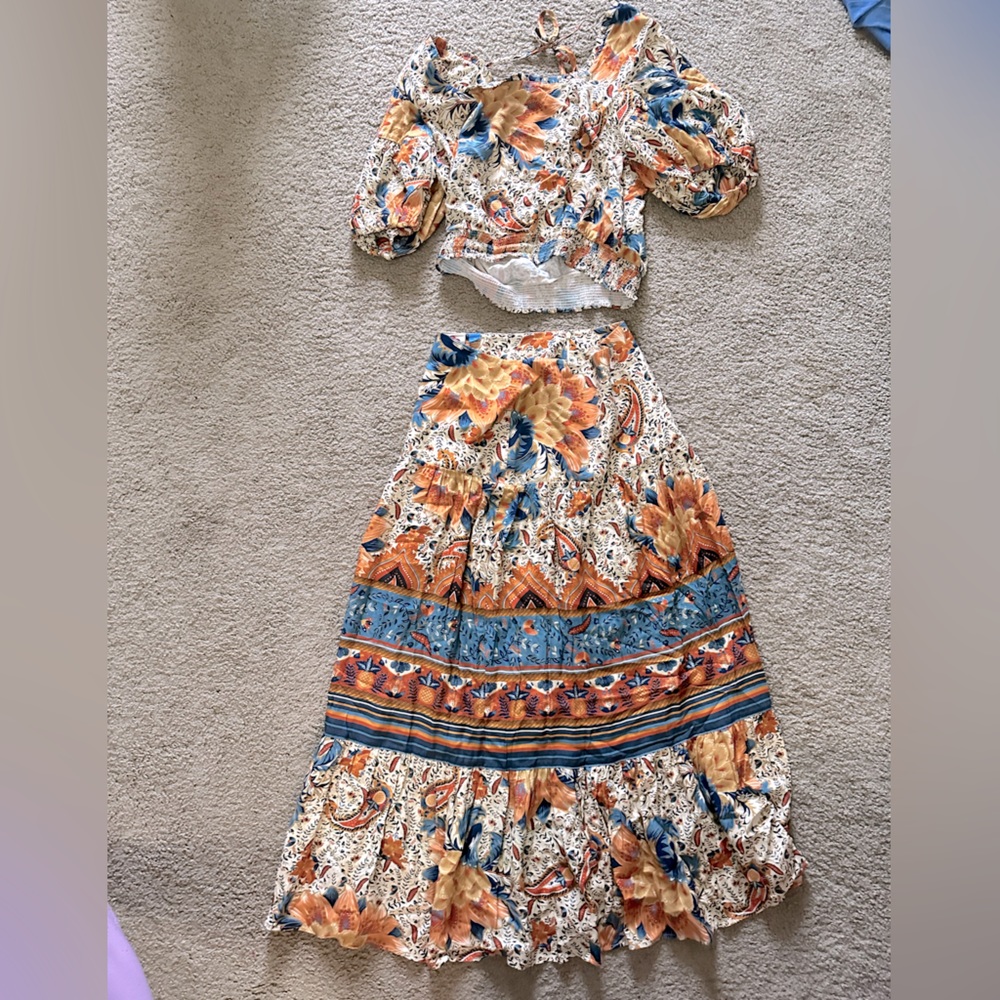 Farm Rio Anthropologie crop top and maxi skirt set